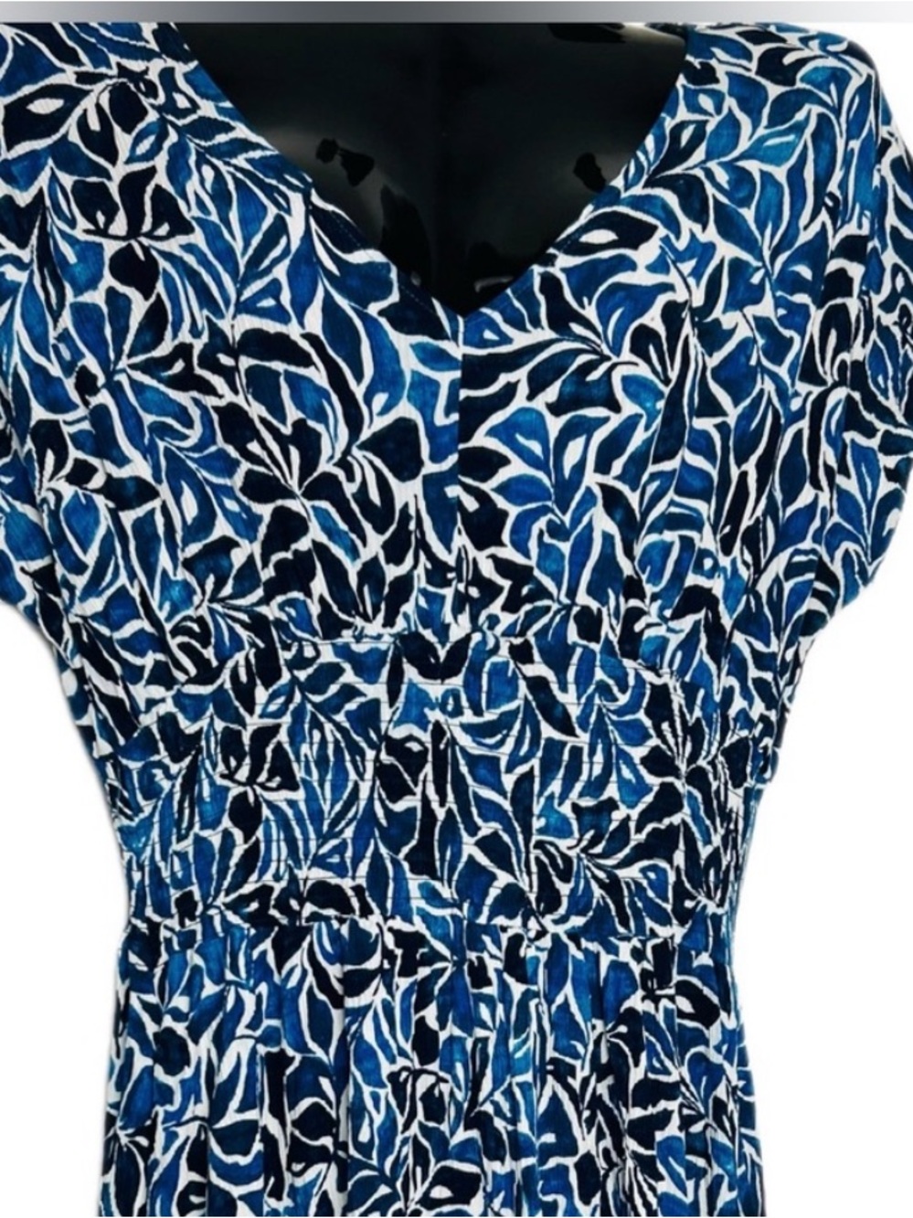 Blue Floral Print Women's Dress - Elegant V-Neck - Picture 8 of 14